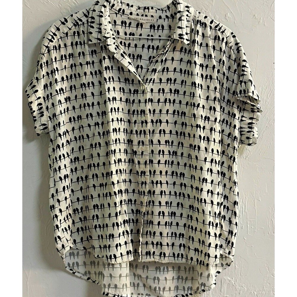 Jane + Delancey Women’s Blouse L White/Black Bird Graphic Collared Button-Up